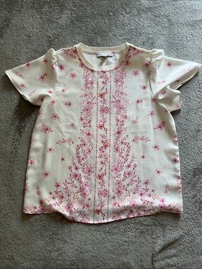Printed Floral Short-Sleeve Blouse - Pink on Cream